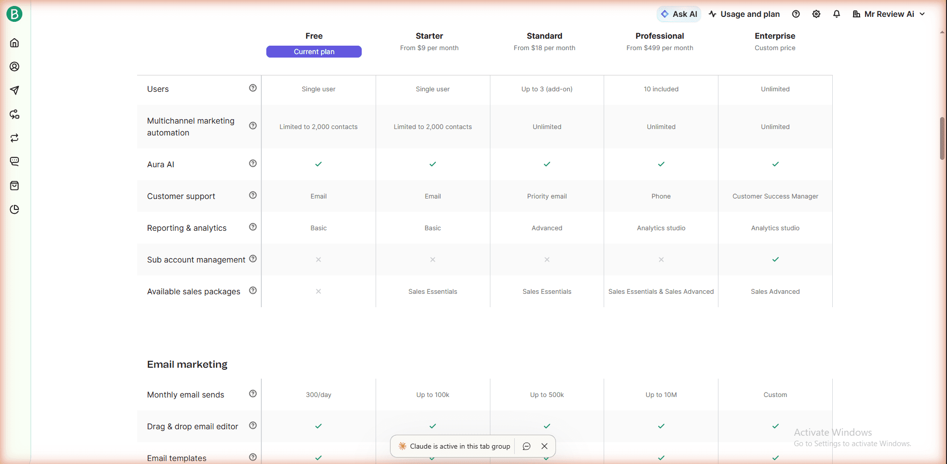 Brevo pricing plan comparison table - Multichannel marketing automation Limited to 2000 contacts on Free plan - Free Current plan shown - mrreviewai.com tested June 2026