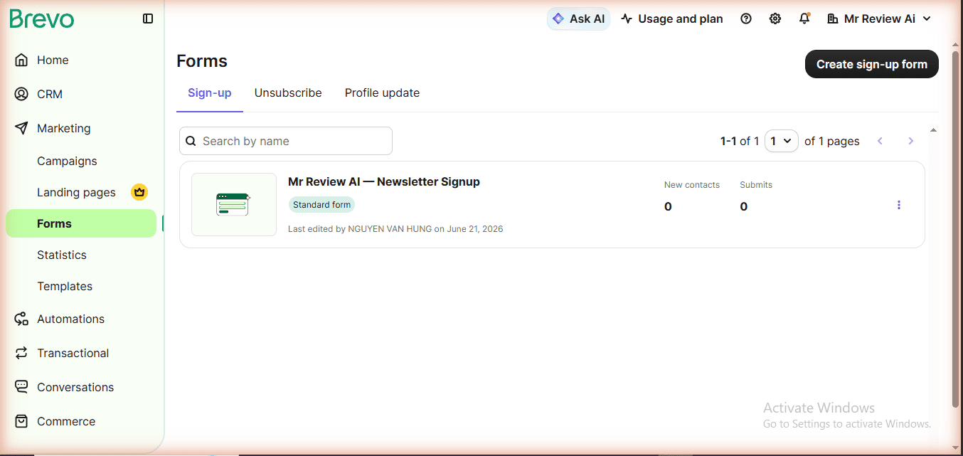 Brevo signup form free plan - Mr Review AI Newsletter Signup standard form created in Brevo Forms