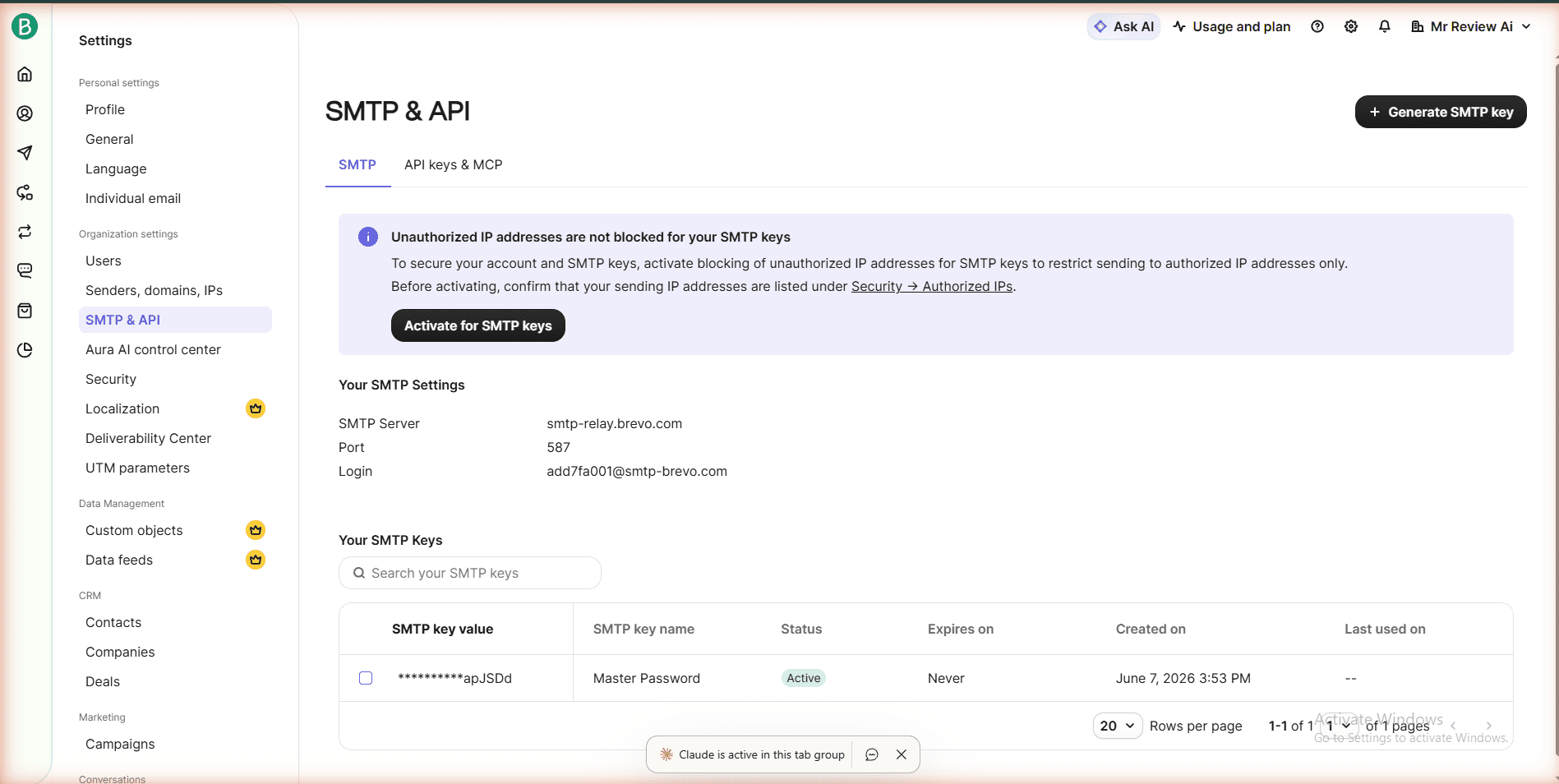 Brevo free plan SMTP and API settings - smtp-relay.brevo.com port 587 - Master Password Active - real account mrreviewai.com tested June 2026