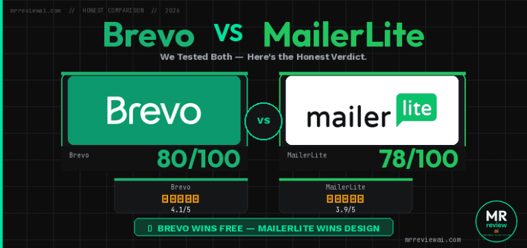 Brevo vs MailerLite free plan comparison 2026 — Trust Score: Brevo 80/100 (4.1/5) vs MailerLite 78/100 (3.9/5). Tested hands-on by Mr Review AI.