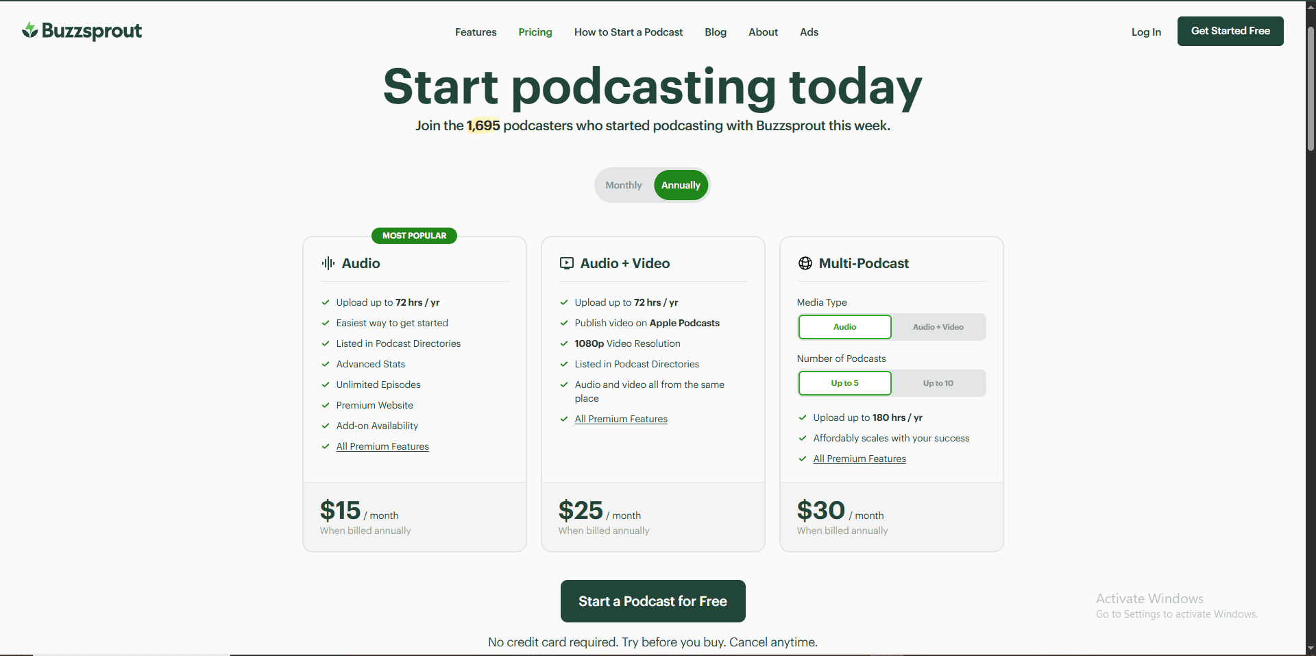 Buzzsprout podcast hosting pricing page showing free plan and paid options — used to publish and distribute AI-generated podcast episodes to Spotify, Apple Podcasts, and other directories