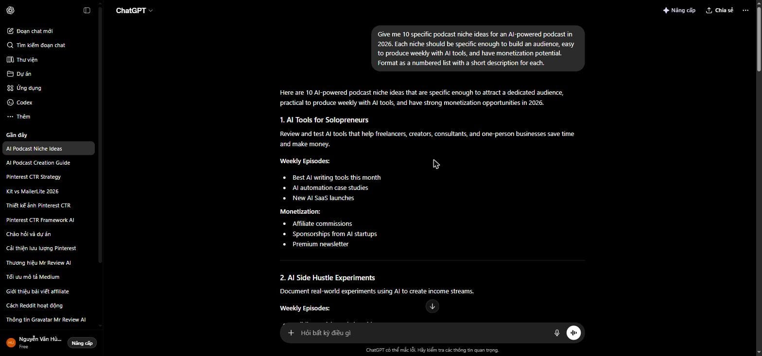 ChatGPT suggesting 10 specific AI podcast niche ideas for 2026 — Step 1 of the AI podcast production workflow using ElevenLabs