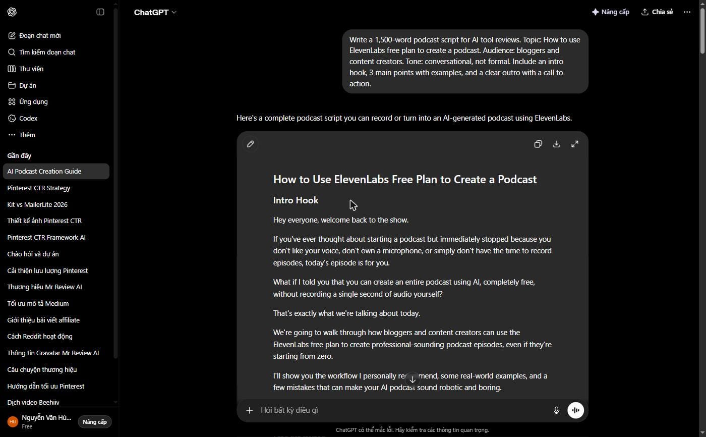 ChatGPT generating a 1,500-word podcast script for ElevenLabs AI voice podcast — Step 2 of the AI podcast production workflow