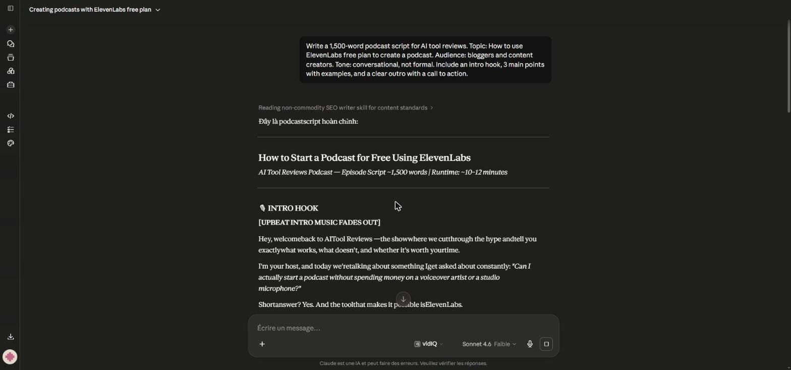 Claude AI generating a 1,500-word podcast script for ElevenLabs free plan — Step 2 of the AI podcast production workflow