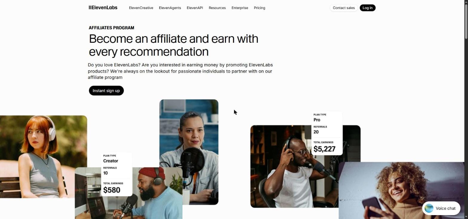 ElevenLabs affiliate program page showing Creator plan earning $580 and Pro plan earning $5,227 — Step 6 podcast monetization strategy using affiliate links in show notes