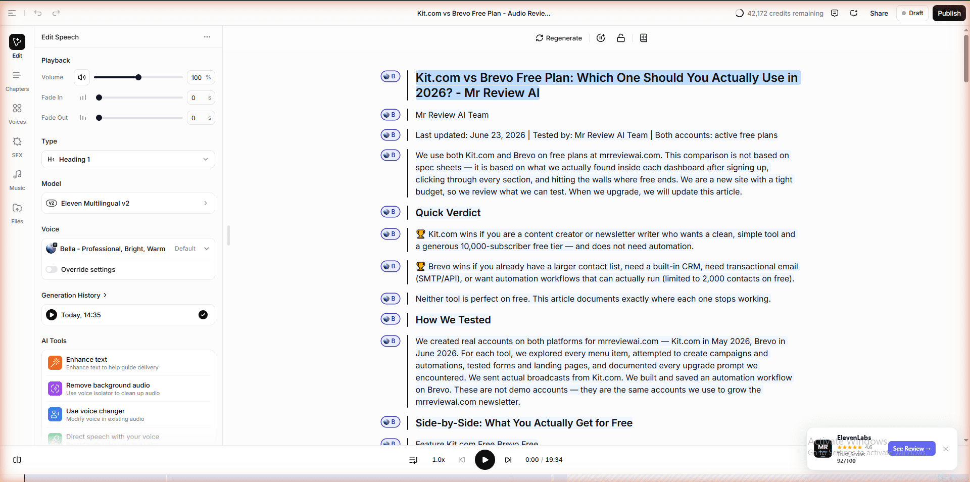 ElevenLabs Audiobooks — Kit.com vs Brevo article imported via URL, generating 19 minutes 34 seconds of audio. Tested on Creator plan ($11/month) at mrreviewai.com, June 2026.