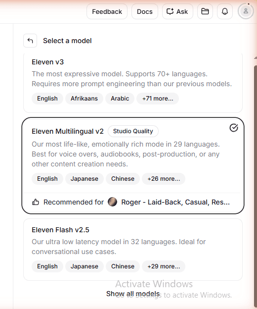 ElevenLabs model selector dropdown closeup