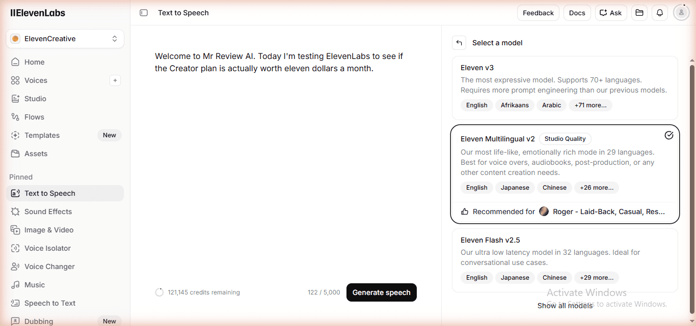 ElevenLabs Creator plan model selector dropdown showing all AI models - overview