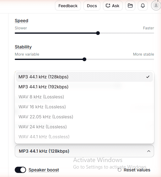 ElevenLabs Creator plan output format dropdown closeup