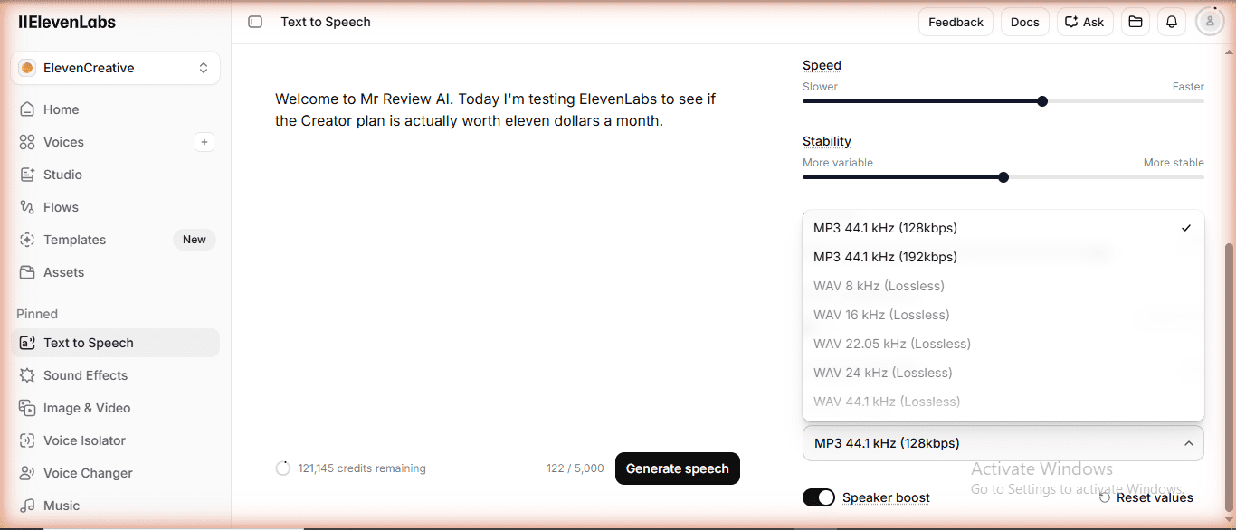 ElevenLabs Creator plan output format dropdown showing MP3 192kbps - overview