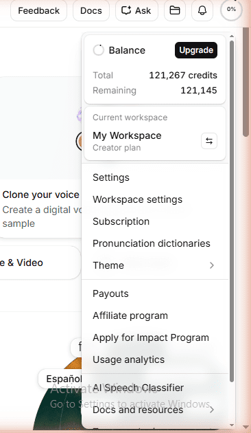 ElevenLabs Creator plan 121,267 credits closeup