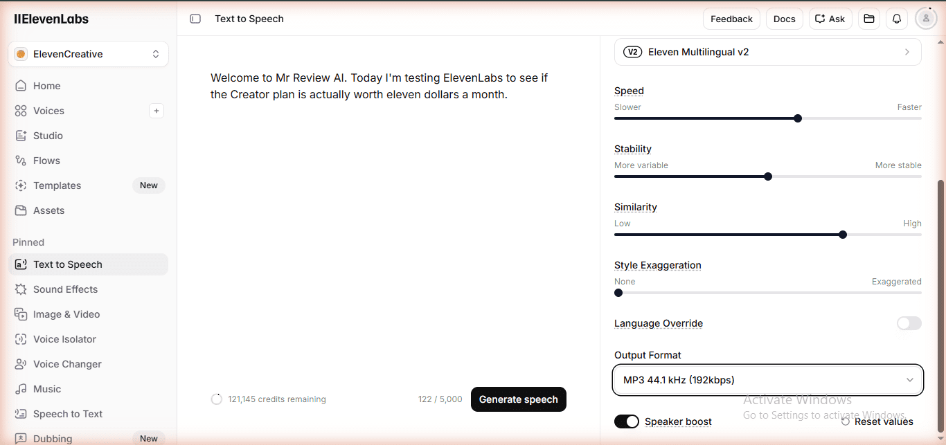 ElevenLabs Creator plan Speaker Boost enabled with MP3 192kbps - overview