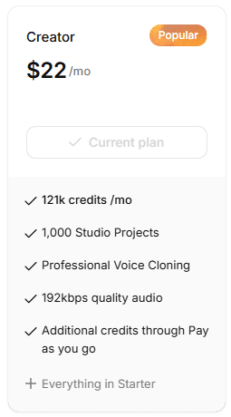 ElevenLabs Creator plan current plan subscription closeup