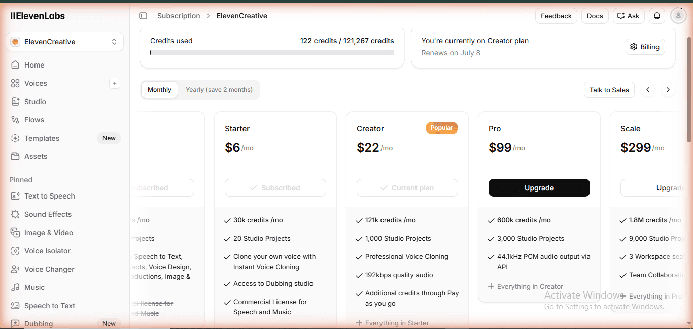 ElevenLabs Creator plan subscription page - overview