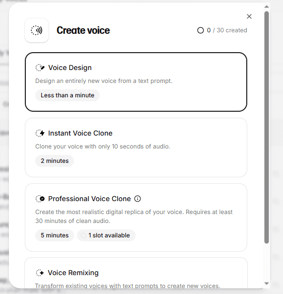 ElevenLabs Creator plan Professional Voice Clone modal closeup