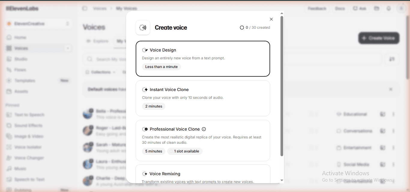 ElevenLabs Creator plan Professional Voice Clone modal - overview