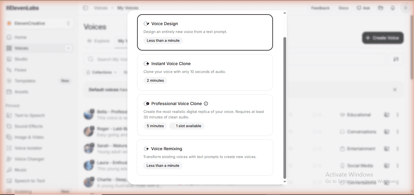ElevenLabs Creator plan Voice Remixing feature - overview