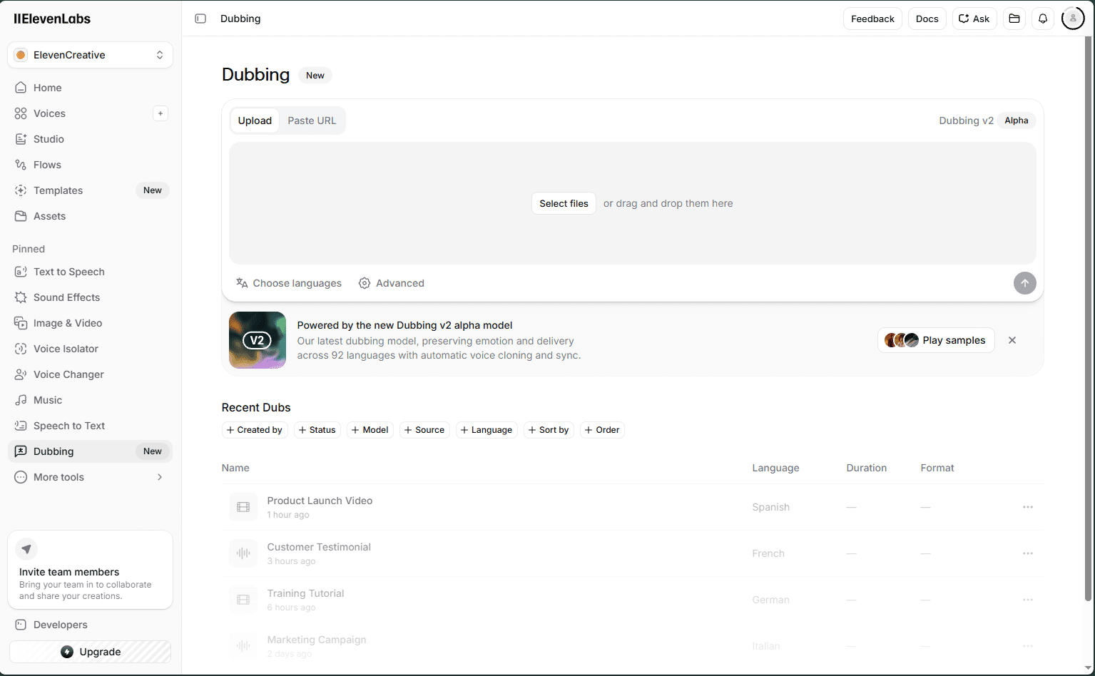ElevenLabs Dubbing interface showing upload area and Dubbing v2 Alpha model with 92 languages support