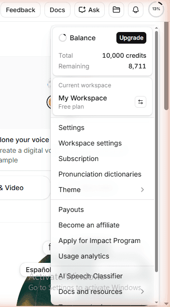 ElevenLabs Free Plan account showing 10,000 total credits with 8,711 remaining after hands-on testing — My Workspace, Free plan — June 2026