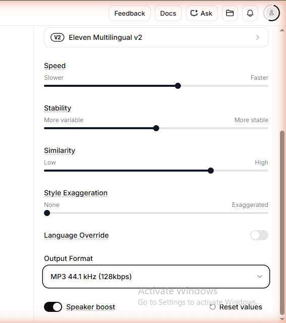 ElevenLabs Free plan output format settings panel closeup