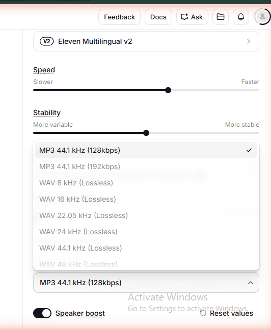 ElevenLabs Free plan output format dropdown showing 128kbps selected