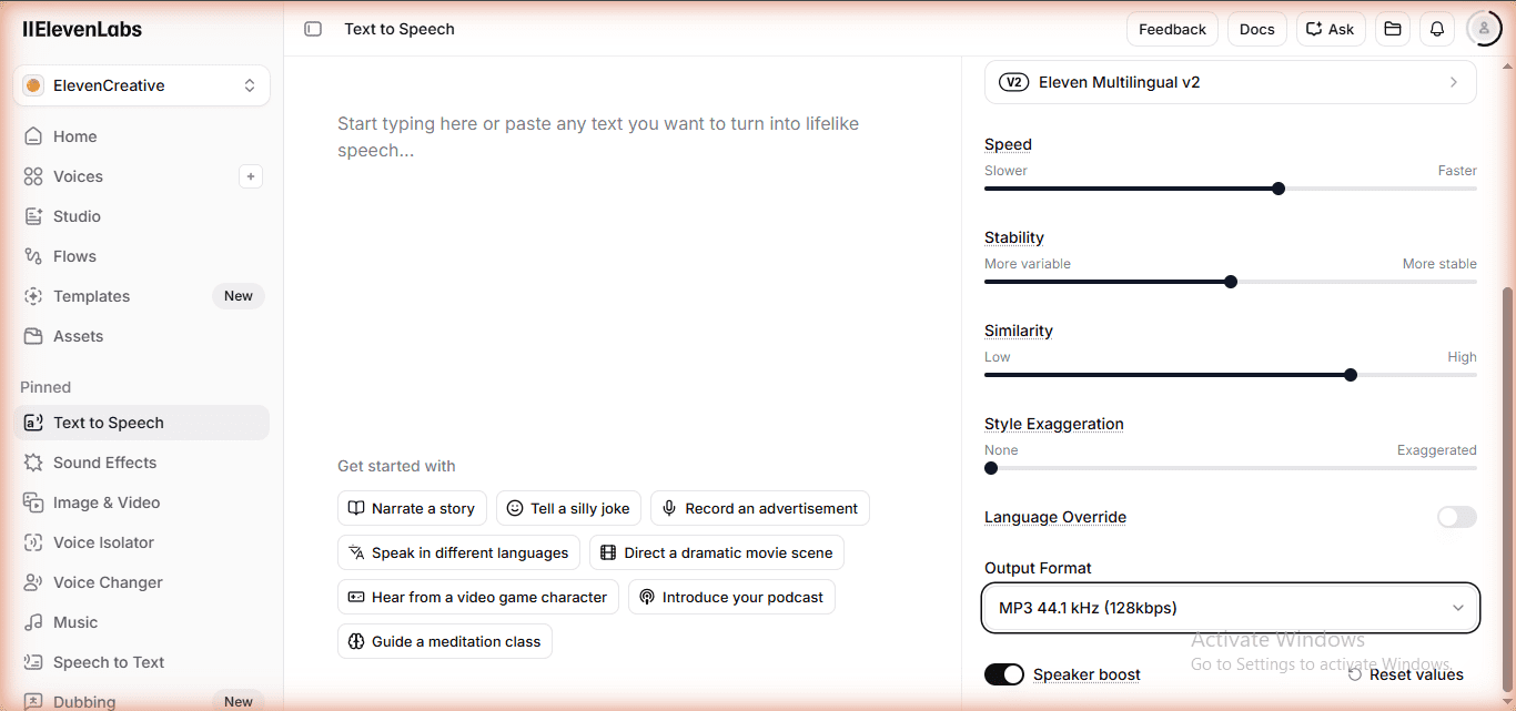 ElevenLabs Free plan TTS output format settings - overview