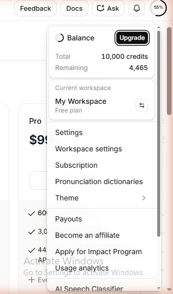 ElevenLabs Free plan subscription current plan closeup
