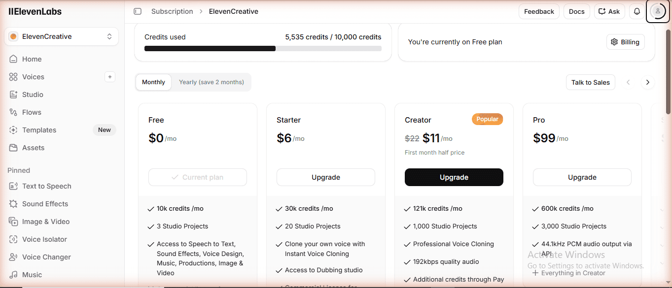 ElevenLabs Free plan subscription page — no commercial rights, overview of plan limits