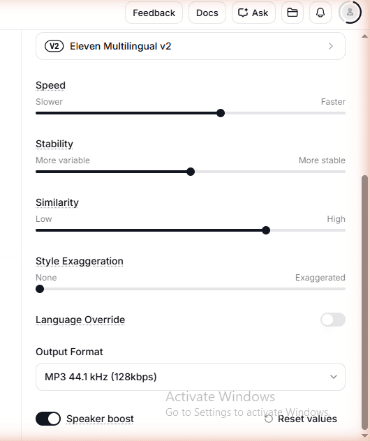 ElevenLabs Free plan TTS settings closeup