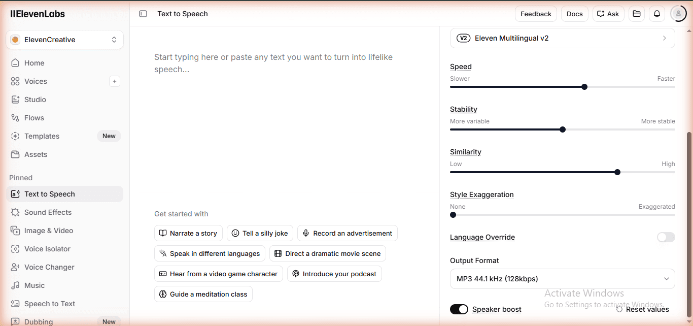 ElevenLabs Free plan TTS settings showing 128kbps and no Speaker Boost - overview