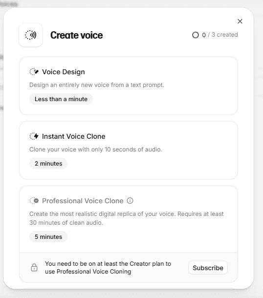 ElevenLabs Free plan Professional Voice Clone locked closeup
