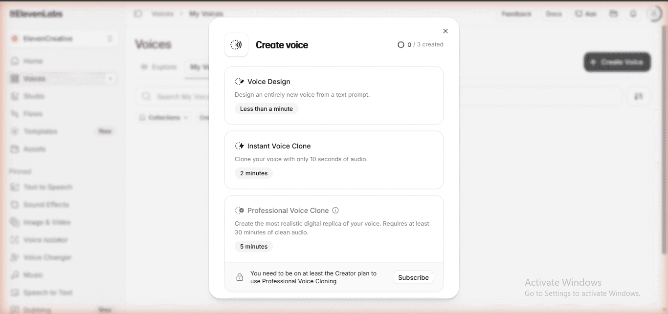 ElevenLabs Free plan Professional Voice Clone locked - overview