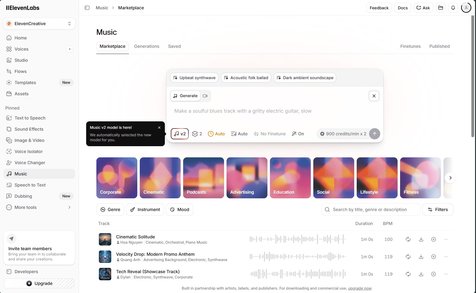 ElevenLabs Music V2 interface showing generation bar with v2 model badge, genre categories and marketplace tracks