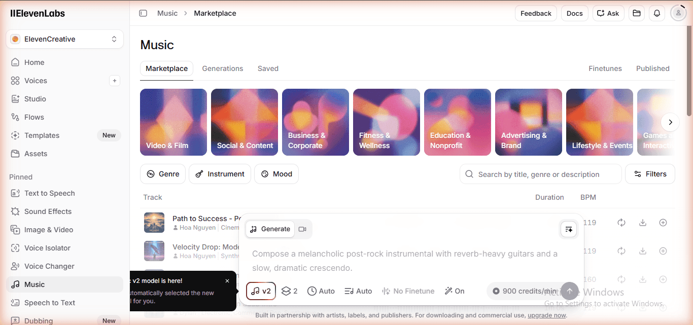 ElevenLabs Music page showing v2 model notification and Marketplace tab with music categories — free plan June 2026