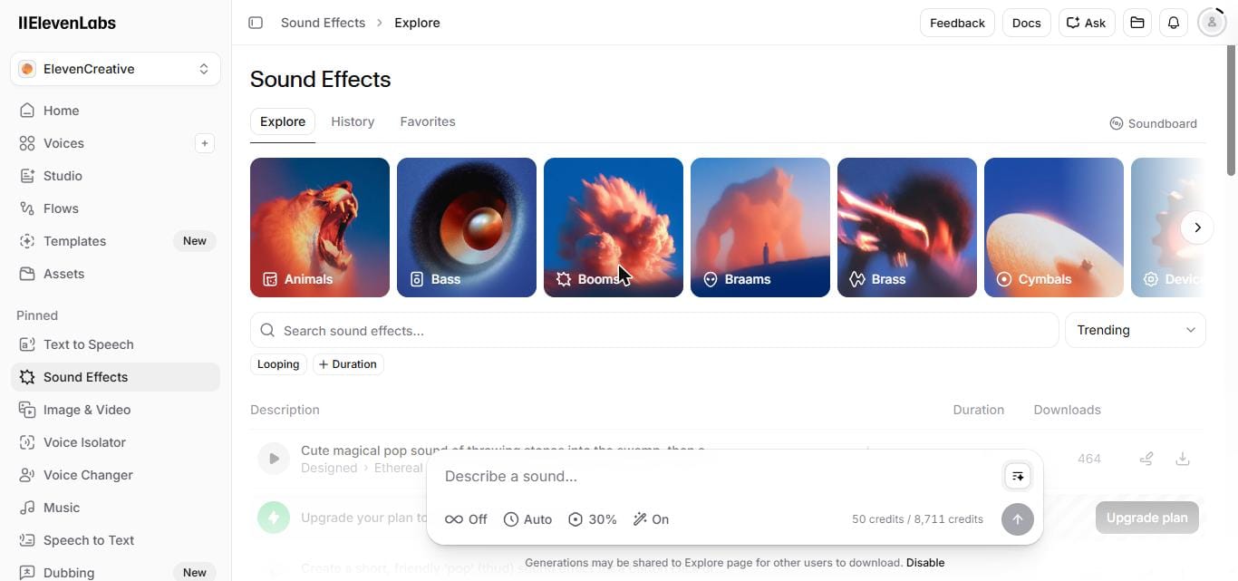 ElevenLabs Sound Effects page showing 50 credits per generation on free plan — June 2026