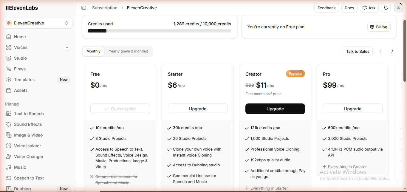 ElevenLabs subscription page showing Creator plan at $11 per month first month half price — June 2026