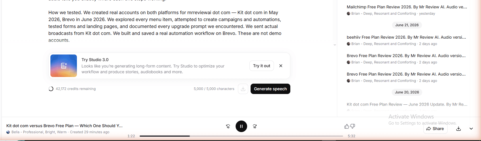 ElevenLabs TTS bottom player — 5,000/5,000 characters, 42,172 credits remaining, audio duration 5:32. Kit.com vs Brevo audio summary. Bella voice, Eleven Multilingual v2. Creator plan, June 2026, mrreviewai.com.