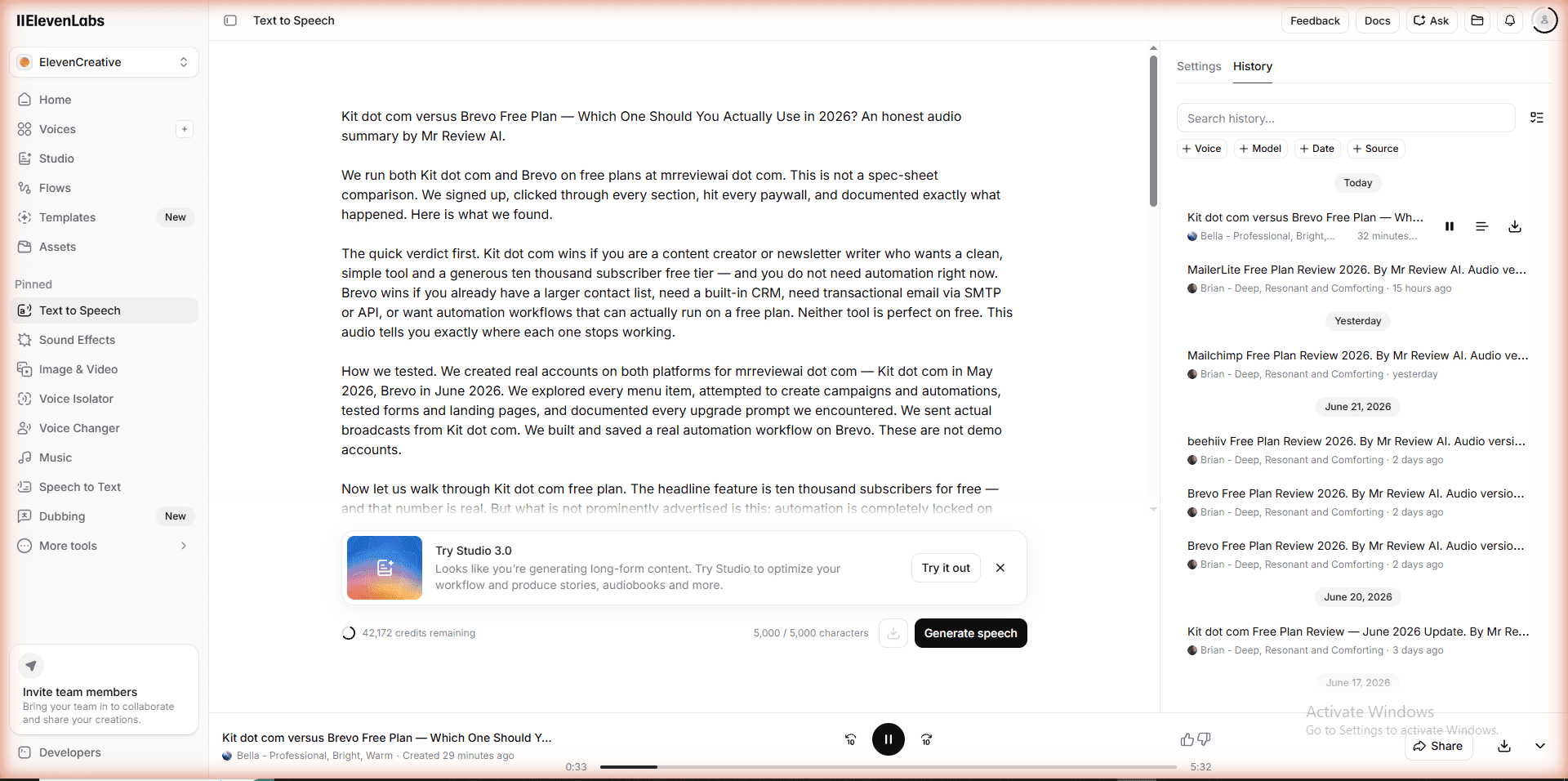 ElevenLabs Text-to-Speech — 5,000/5,000 characters used, 42,172 credits remaining, audio duration 5:32. Kit.com vs Brevo summary generated with Bella voice, Eleven Multilingual v2. Creator plan, June 2026, mrreviewai.com.
