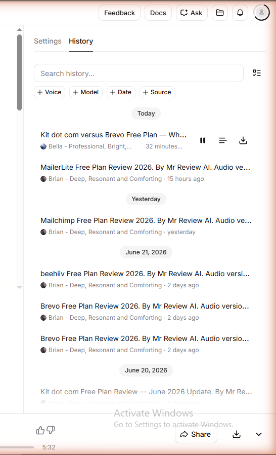ElevenLabs TTS History panel closeup — Kit dot com versus Brevo Free Plan entry showing Bella voice, 32 minutes ago, with play/download icons. Duration: 5:32. Creator plan, June 2026, mrreviewai.com.