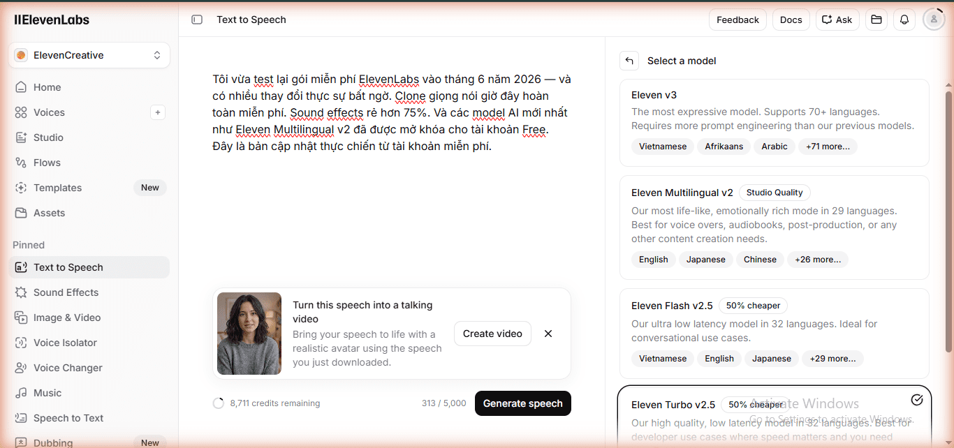 ElevenLabs TTS model selector showing Eleven v3, Eleven Multilingual v2, Flash v2.5 and Turbo v2.5 on free plan