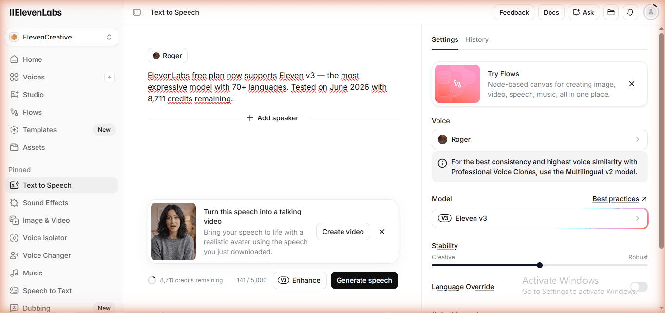 ElevenLabs Text to Speech interface showing Roger voice and Eleven v3 model selected on free plan — June 2026