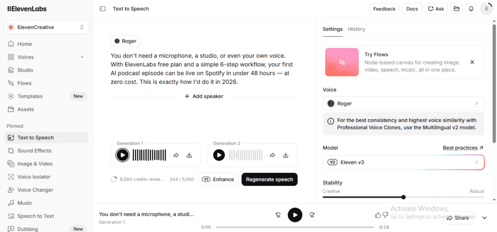 ElevenLabs Text to Speech — Roger voice + Eleven v3 model, generating AI podcast sample script with 8,084 credits remaining on free plan. Tested June 2026 by Mr Review AI.