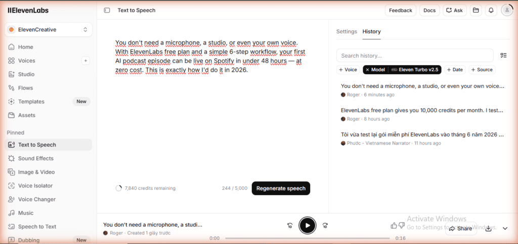 ElevenLabs History filtered by Eleven Turbo v2.5 — showing Roger voice audio generated 6 minutes ago, 7,840 credits remaining. Proof of ElevenLabs free plan audio generation tested June 2026 by Mr Review AI.