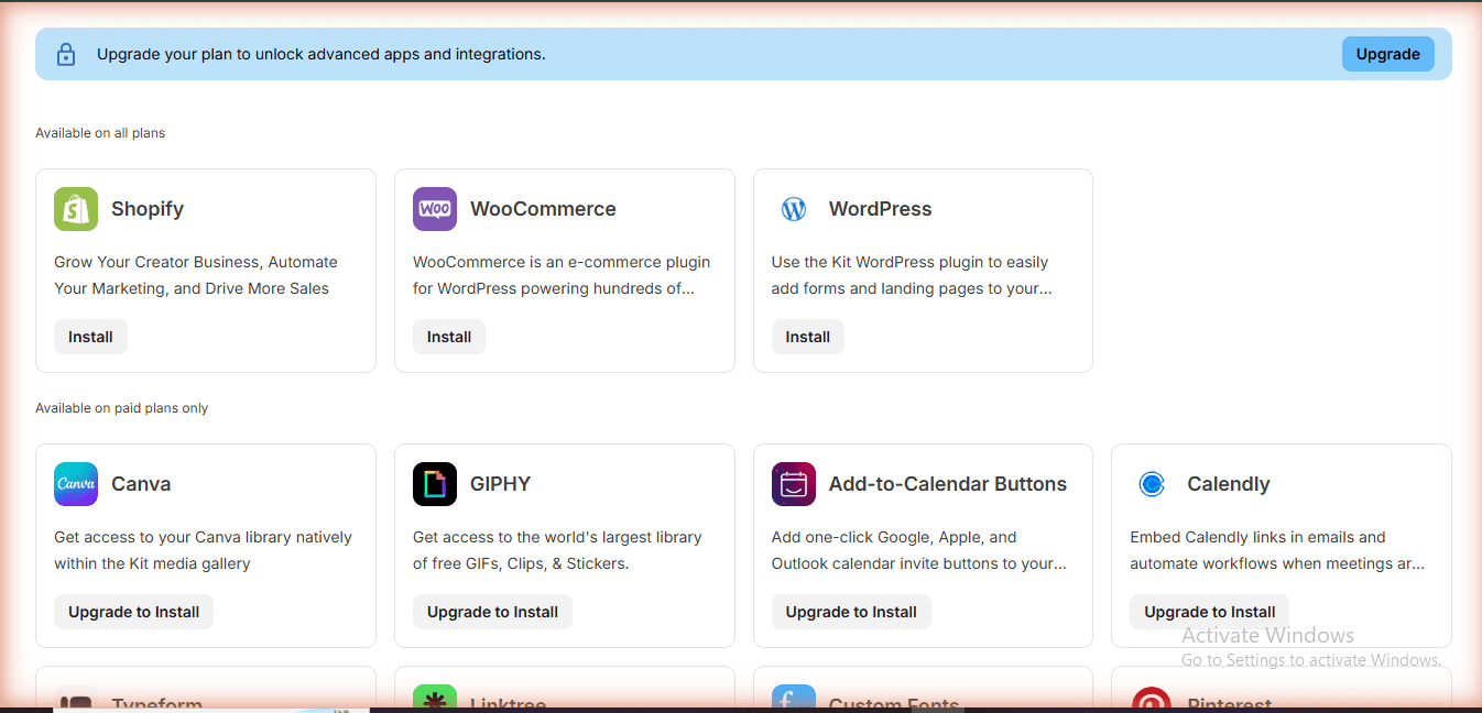 Kit.com Apps page showing integrations available on all plans (Shopify, WooCommerce, WordPress) and paid plans only — real account Mr Review AI, June 2026