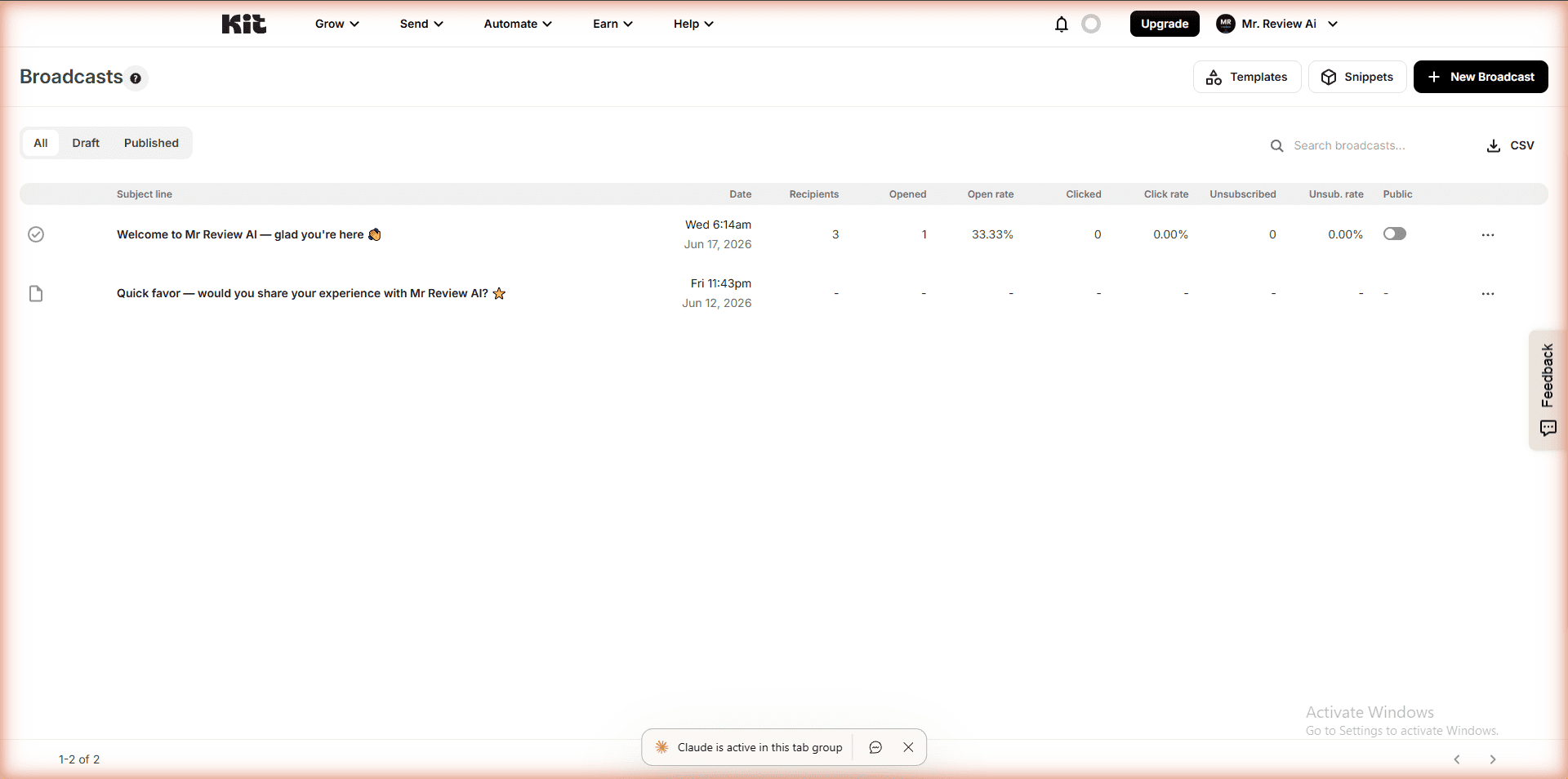 Kit.com free plan broadcasts page - 2 emails sent real account mrreviewai.com - Welcome email 33.33% open rate - tested June 2026
