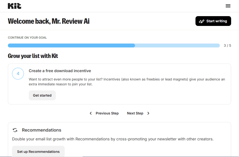 Kit.com main dashboard showing Welcome back greeting, goal progress at 3 of 5, Grow your list section and Recommendations panel on free plan