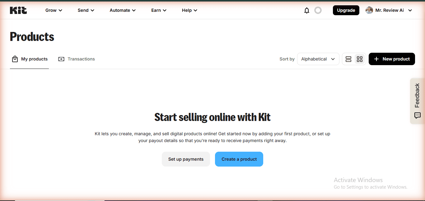 Kit.com Products dashboard showing "Start selling online with Kit" — My products, Transactions tabs, New product button — available on free plan, real account Mr Review AI, June 2026