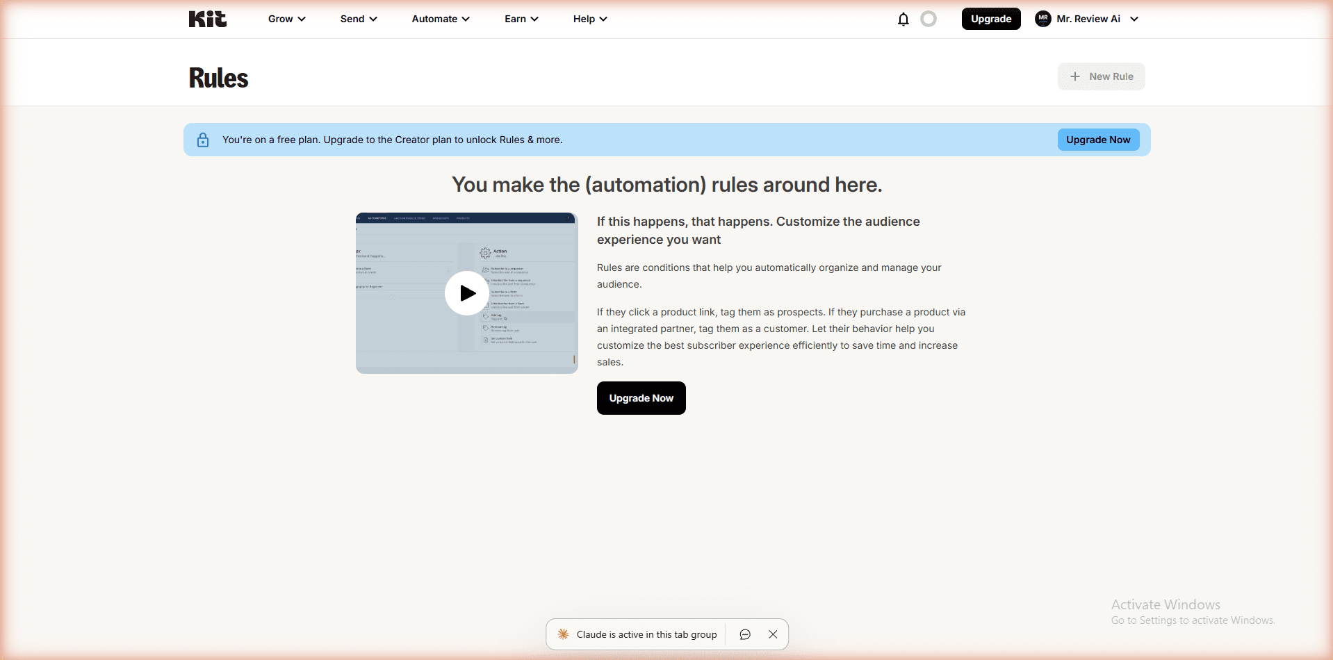 Kit.com free plan Rules upgrade wall - You're on a free plan upgrade to Creator plan to unlock Rules - real account mrreviewai.com tested June 2026