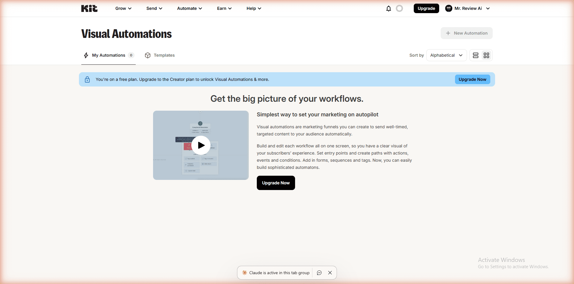 Kit.com free plan Visual Automations upgrade wall - You're on a free plan upgrade to Creator plan - real account mrreviewai.com tested June 2026