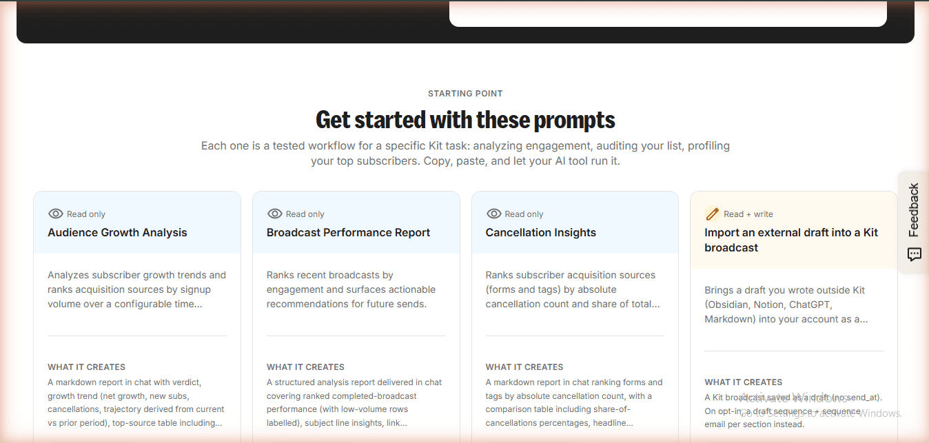 Kit MCP โ Row 1 of 9 prompt templates: Audience Growth Analysis, Broadcast Performance Report, Cancellation Insights, Import external draft. Verified June 20, 2026 on app.kit.com/kit-mcp.